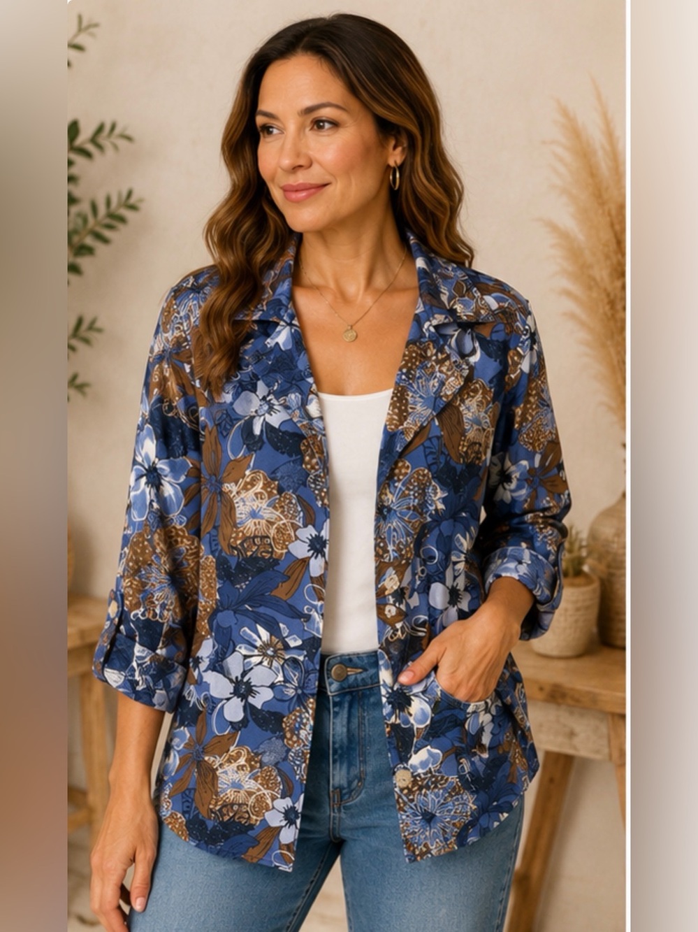 Blue Floral Open Front Jacket Cotton Blend Lightweight Layering Top